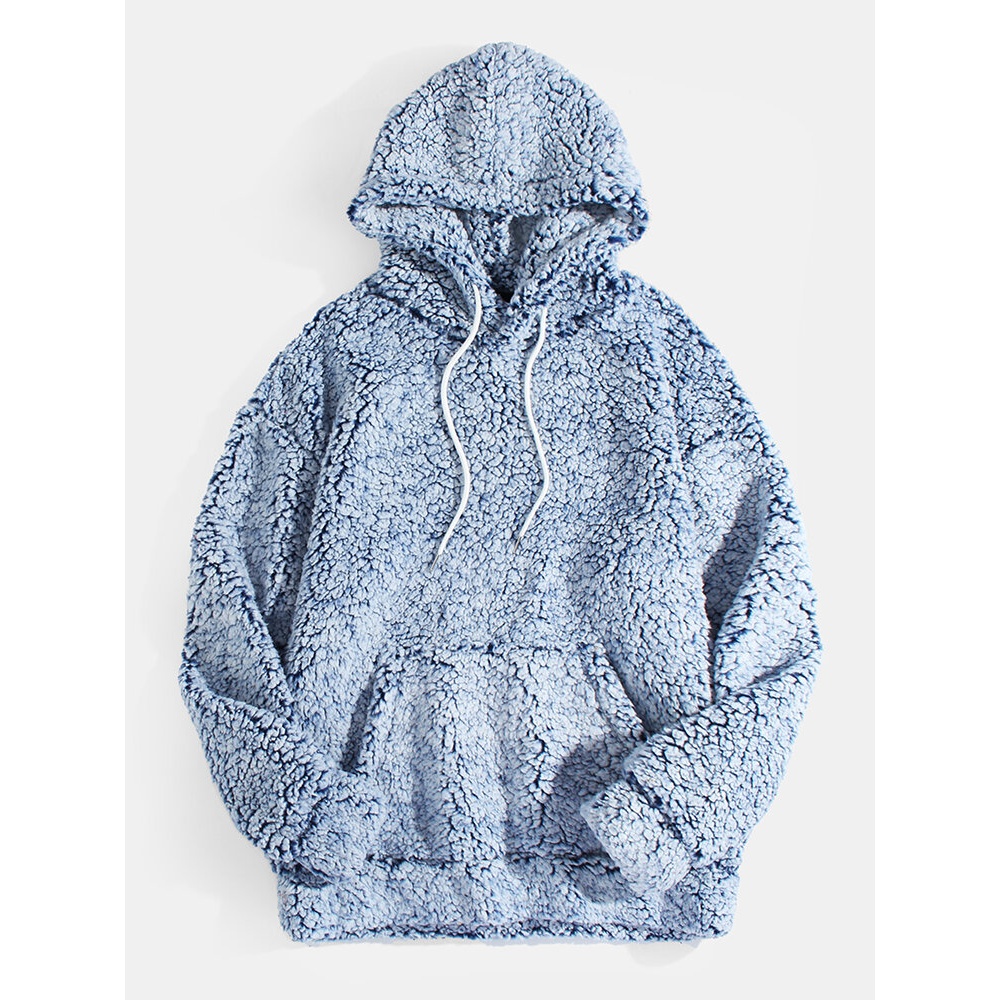 Mens Solid Color Plush Kangaroo Pocket Long Sleeve Warm Teddy Hoodies - Blue S