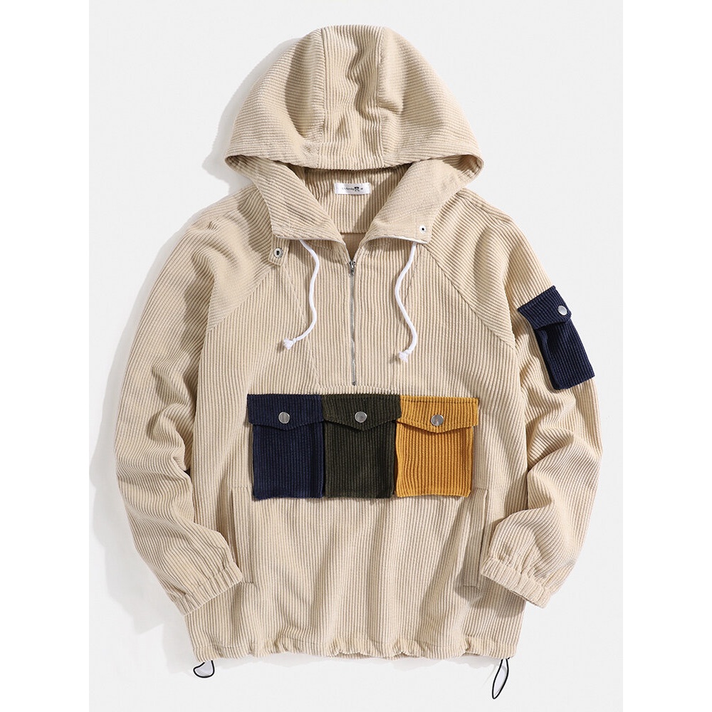 Mens Corduroy Multi Pocket Long Raglan Sleeves Hoodies - Beige S