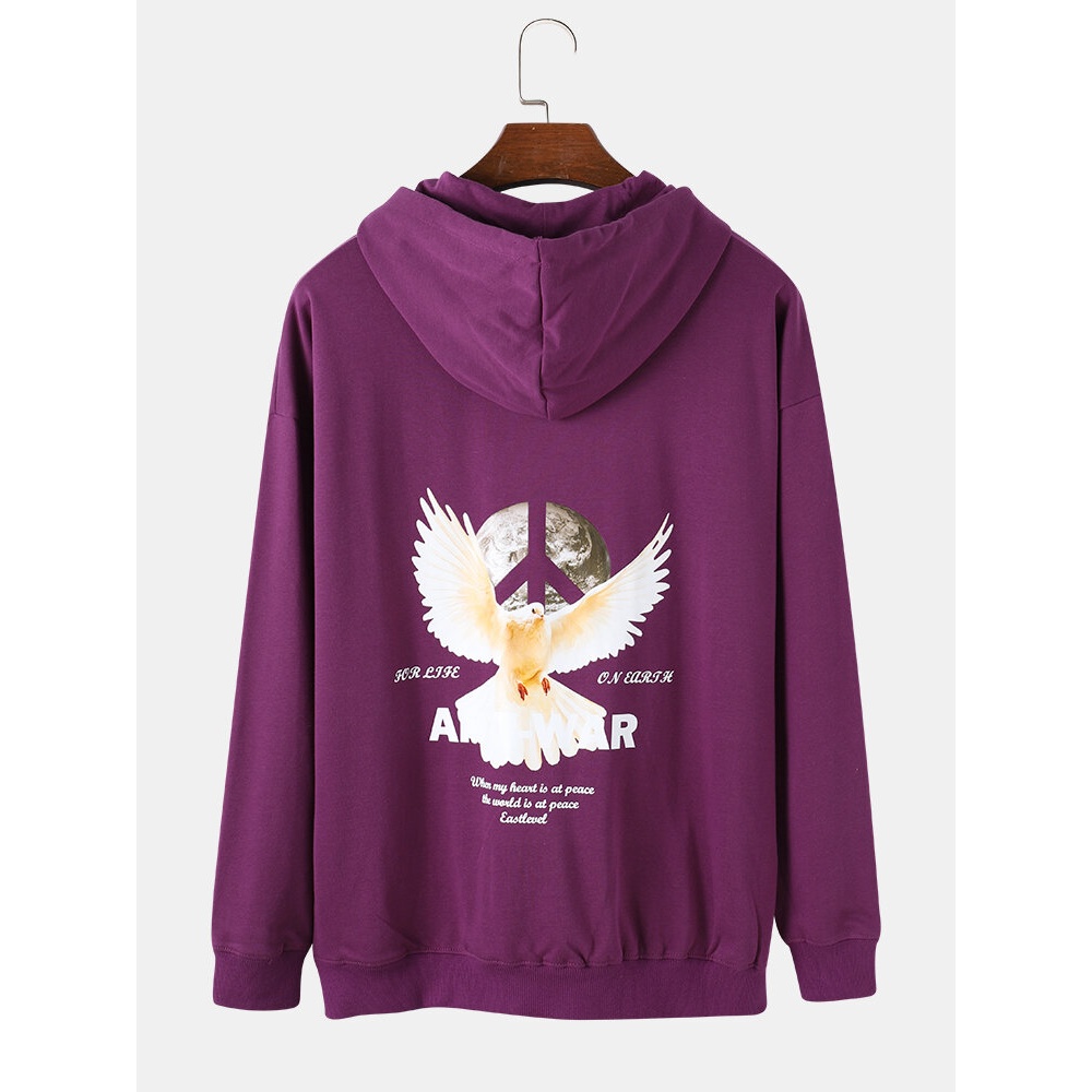 Mens Peace Dove Anti-War Back Print Drawstring Casual Hoodies - White 2XL