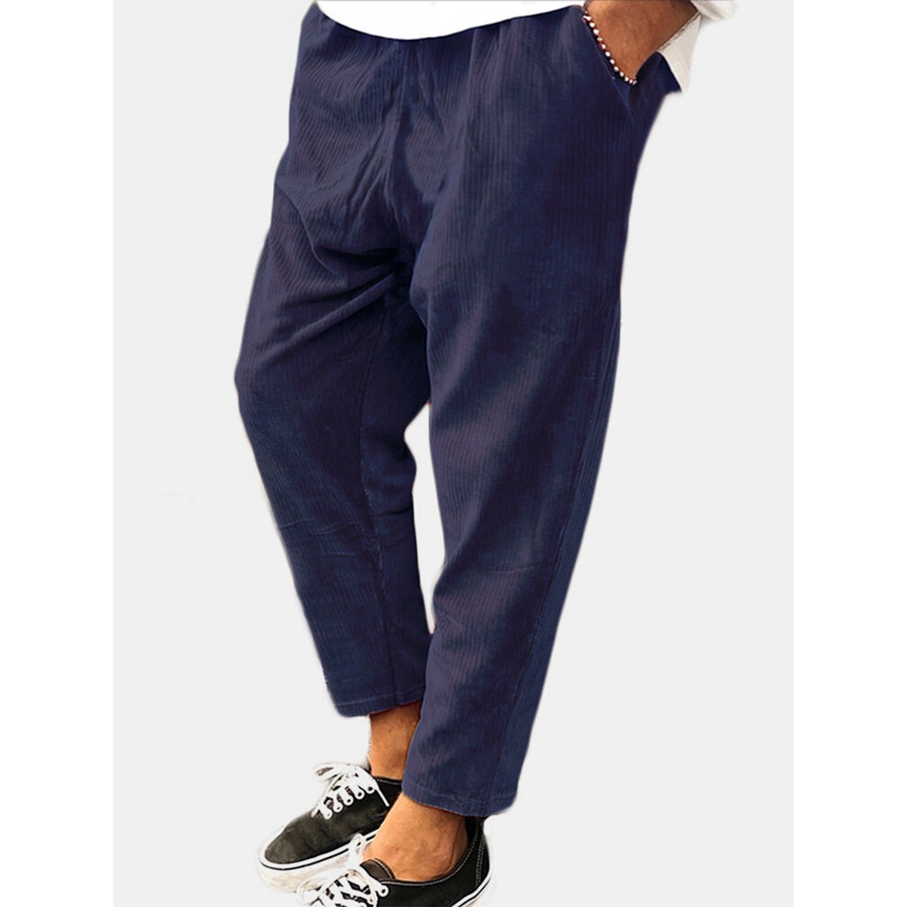 Mens Vintage Drawstring Corduroy Solid Color Casual Pants - S Green