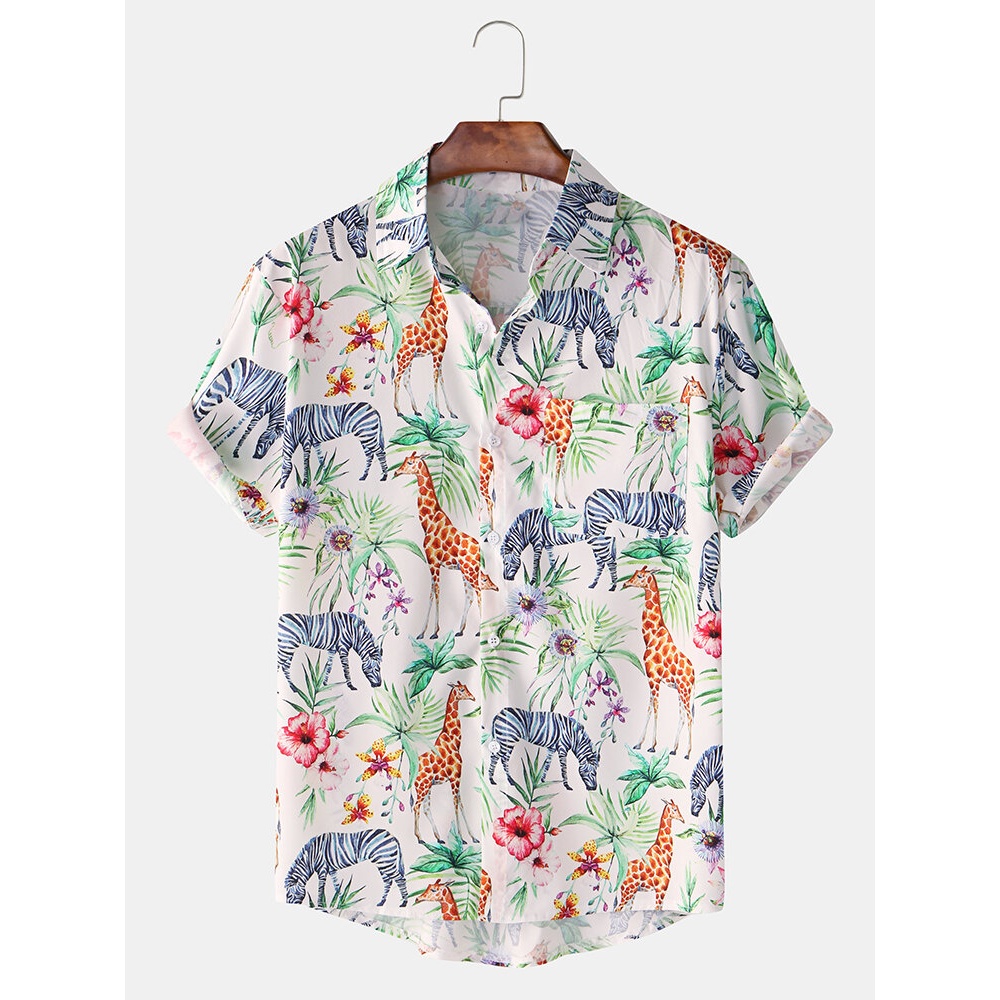 Mens Funny Giraffe Printing Breathable Short Sleeve Casual Shirts - Black S