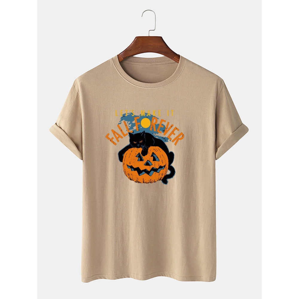 Mens 100% Cotton  Cat Print Casual Short Sleeve T-Shirts - Black S