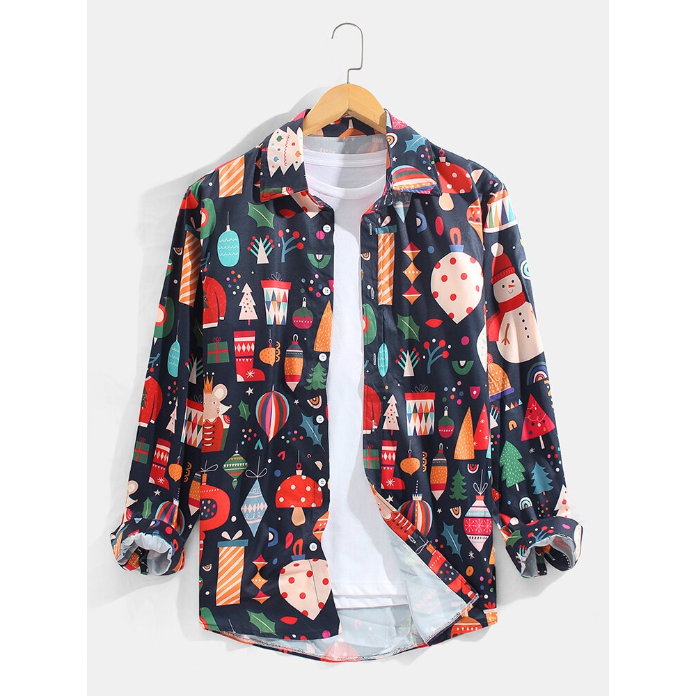 Mens  Element Print Cartoon Lapel Casual Long Sleeve Shirts - White S