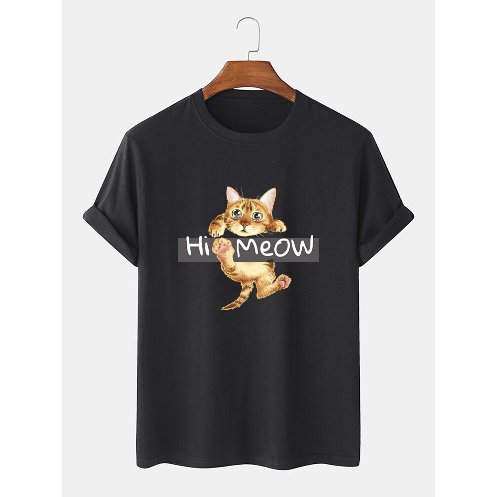 Mens Hi Meow Cartoon Cat Print 100% Cotton O-Neck Short Sleeve T-Shirt - Black S