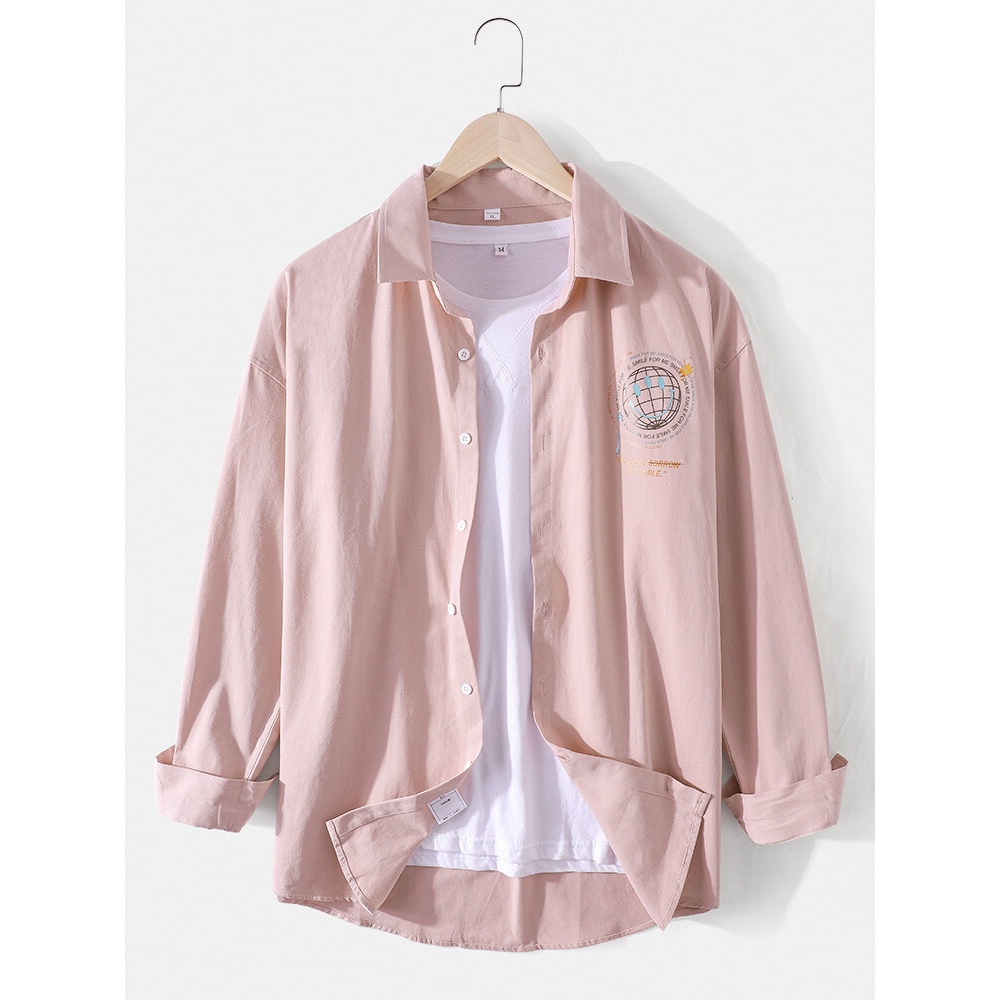 Mens Cotton Simple Earth Print Long Sleeve Shirts - Light Blue XL