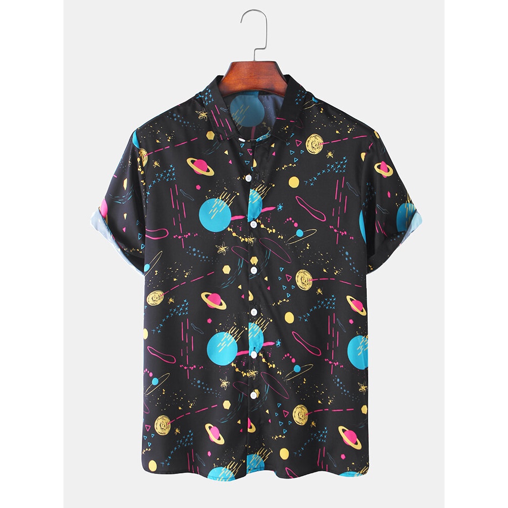 Mens Cartoon Space & Planet Lapel Collar Print Casual Short Sleeve Shirts - Black L