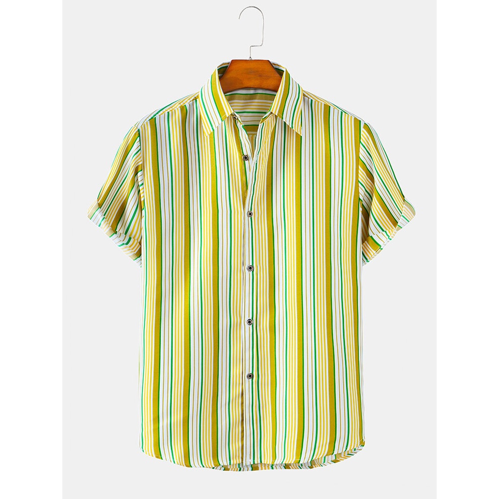 Mens Vertical Stripes Holiday Style Lapel Collar Short Sleeve Shirts - Red L