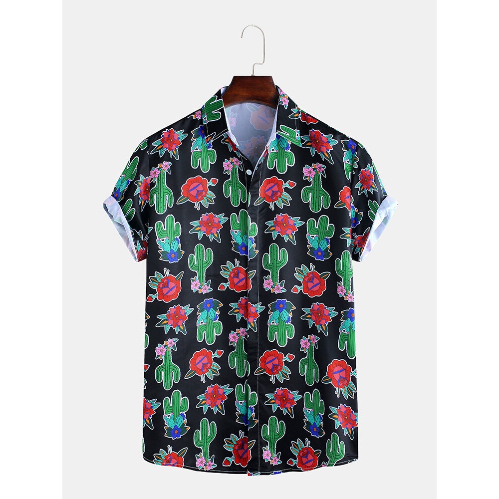 Men Cactus Flower Printed Summer Casual Short Sleeve Lapel Shirts - S As Picture