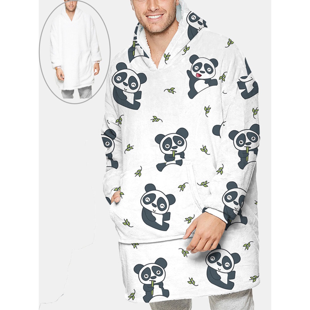 Mens Cute Panda Printed Flannel Oversized Two-Sided Blanket Hoodie With Pouch Pocket - One Size White