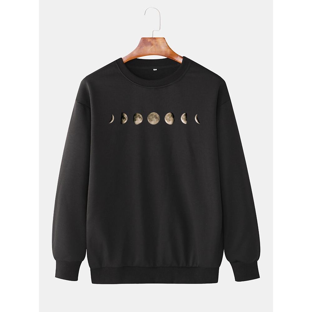 Cotton Mens Lunar Eclipse Print Round Neck Long Simple Sweatshirts - Black S