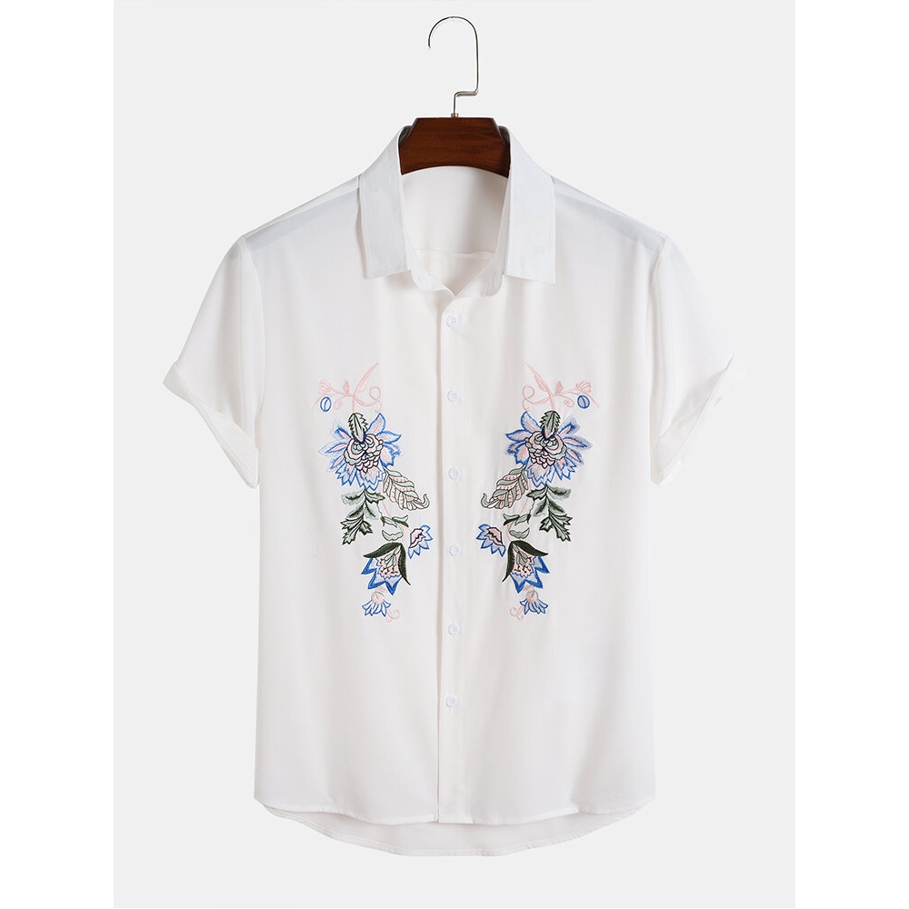 Mens Embroidery Flower 100% Cotton Casual Shirts - White S