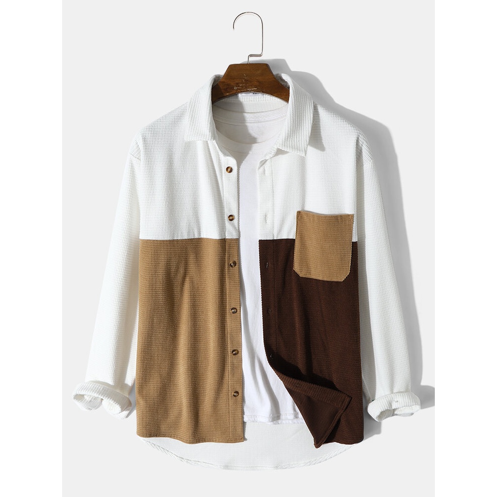 Mens Corduroy Patchwork Pocket Buttons Casual Shirts - White S