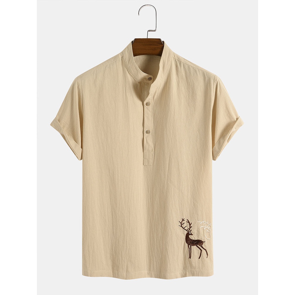 Mens Deer Embroidery 100% Cotton Casual Shirts - Khaki S