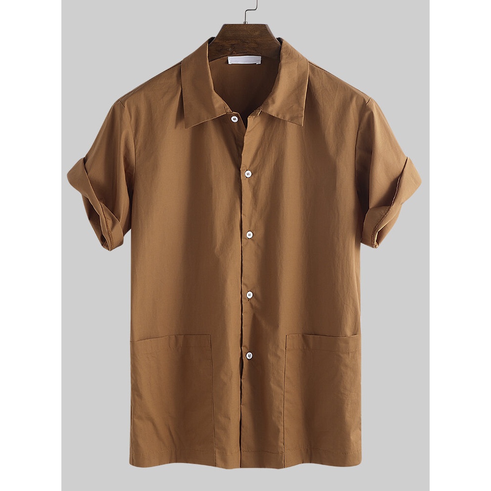 Mens Cotton Solid Color Pockets Short Sleeve Casual Shirts - 3XL White