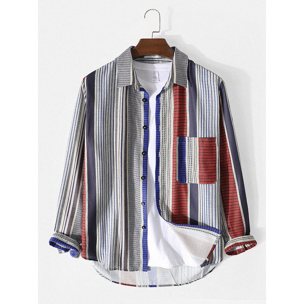 Mens Designer Mixed Striped Print Chest Pocket Lapel Shirt - Blue S