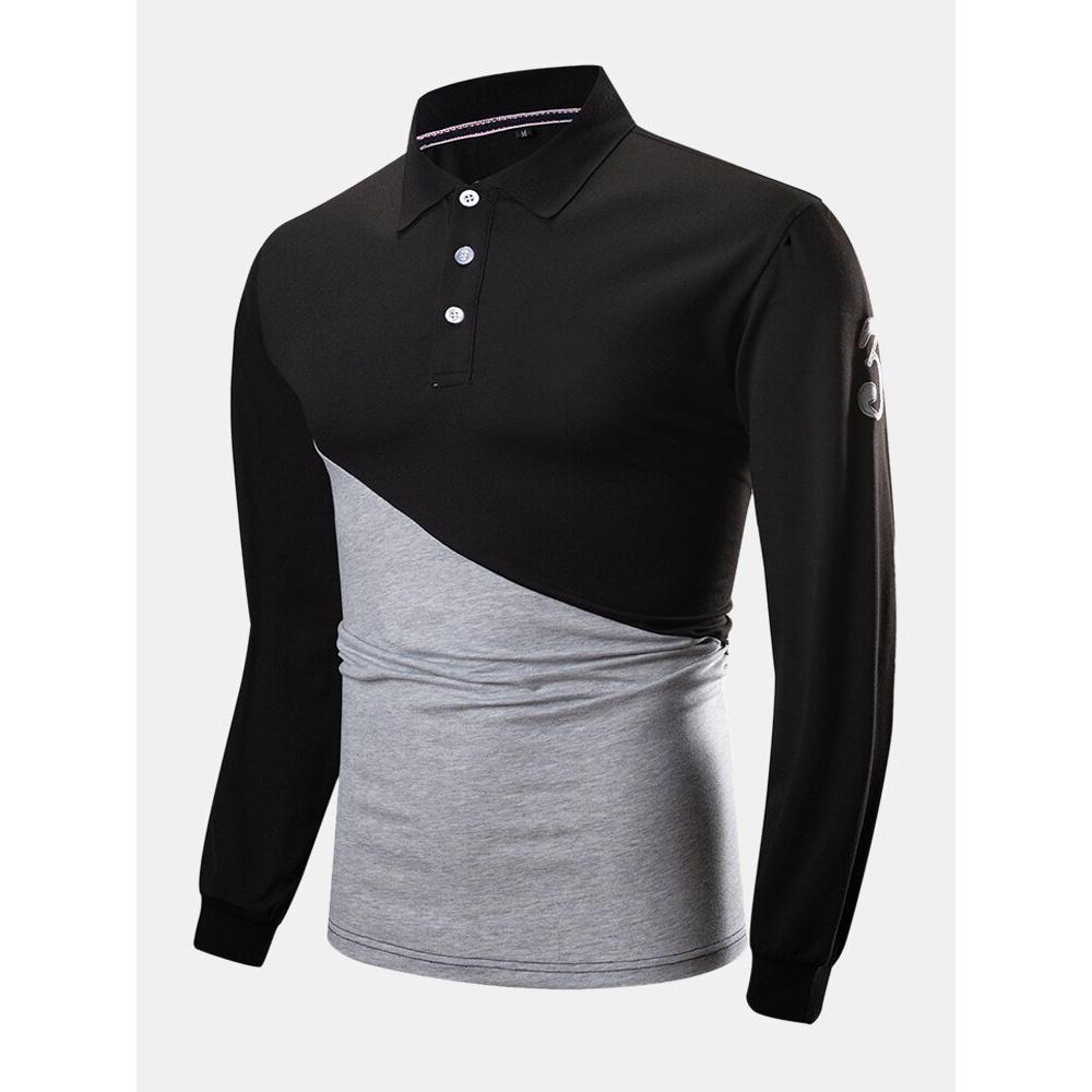 Mens Two Tone Stitching 100% Cotton Long Sleeve Casual Golf Shirts - Black M