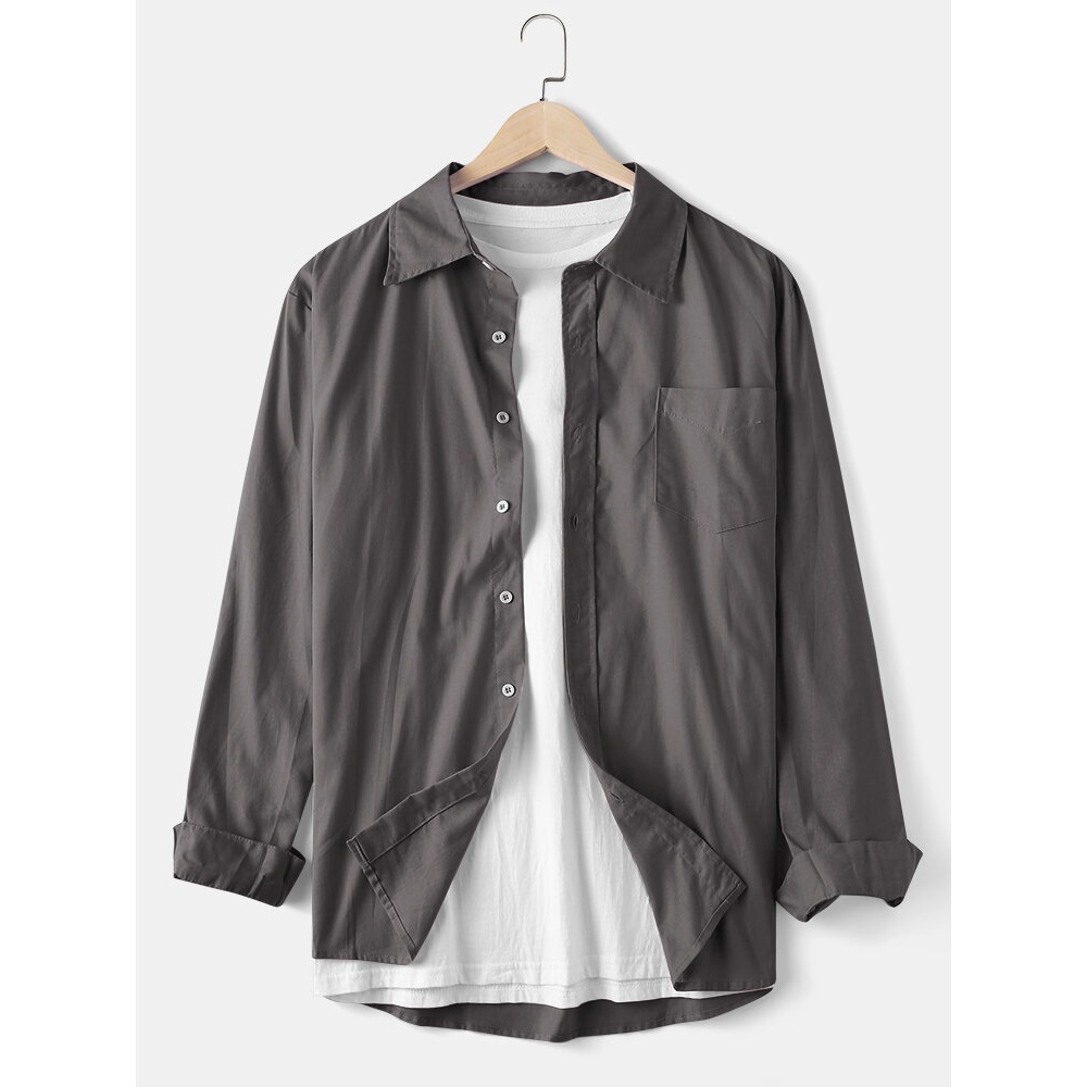 Mens Cotton Solid Color Lapel Simple Long Sleeve Shirts With Pocket - White S