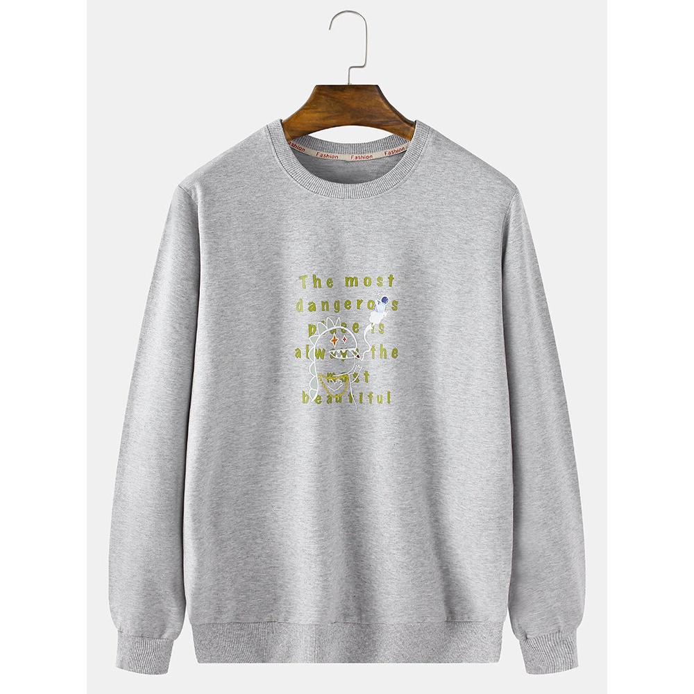 Mens Slogan Cartoon Print Cotton Plain Relaxed Fit Crew Neck Sweatshirts - White S