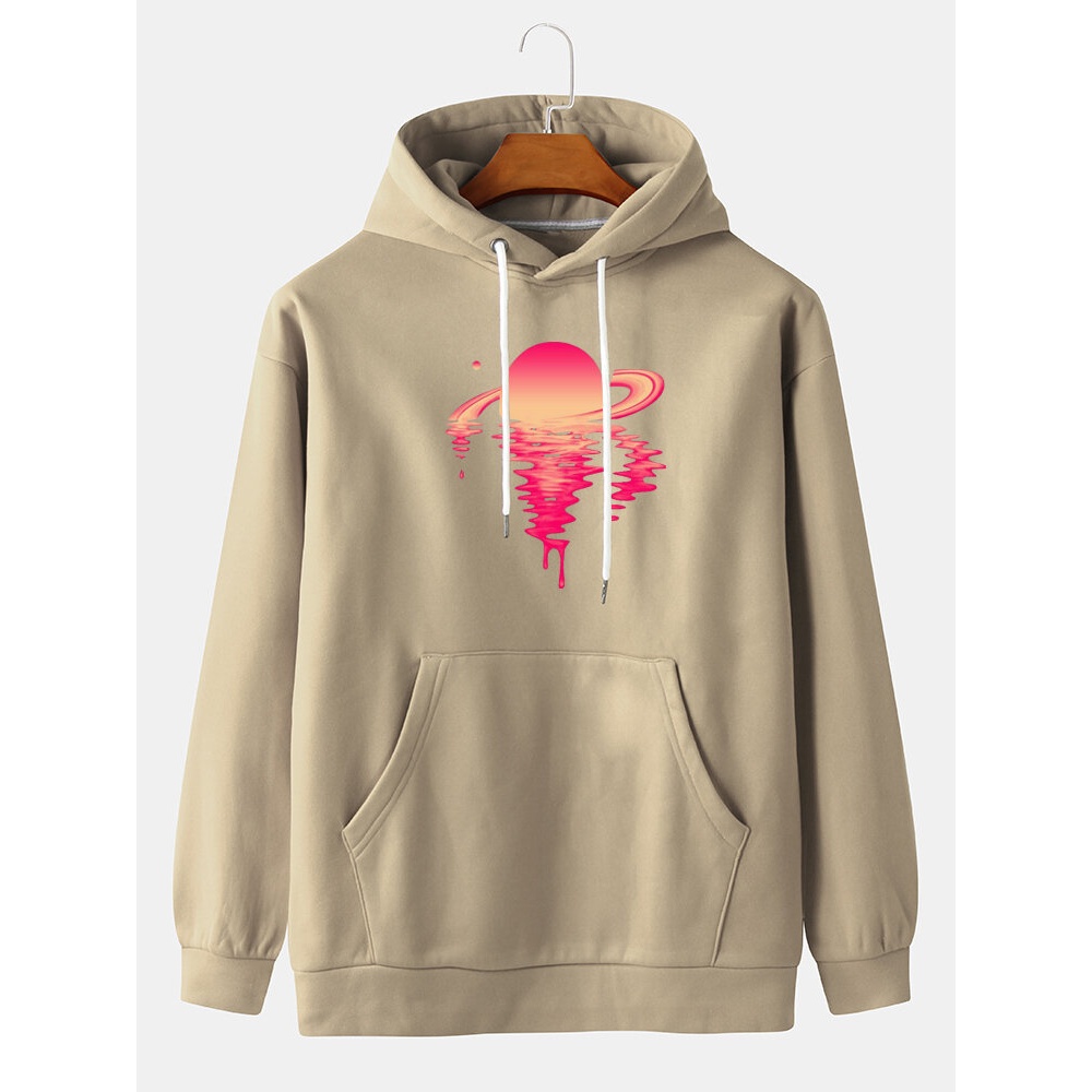 Mens Design Planet Print Kangaroo Pocket Drawstring Hoodies - Yellow L