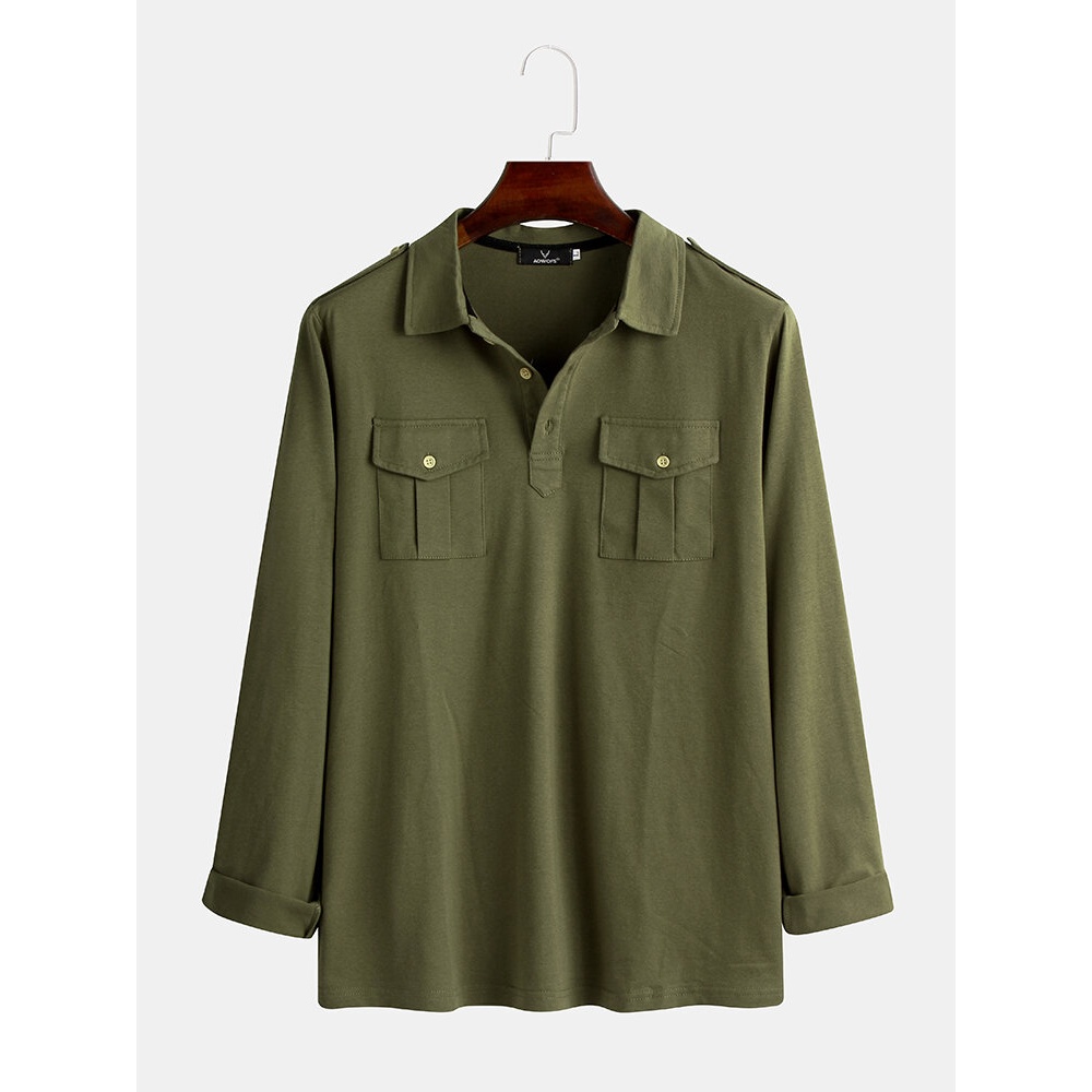 Mens Vintage Double Pockets Solid Color Long Sleeve Casual T - M Army Green