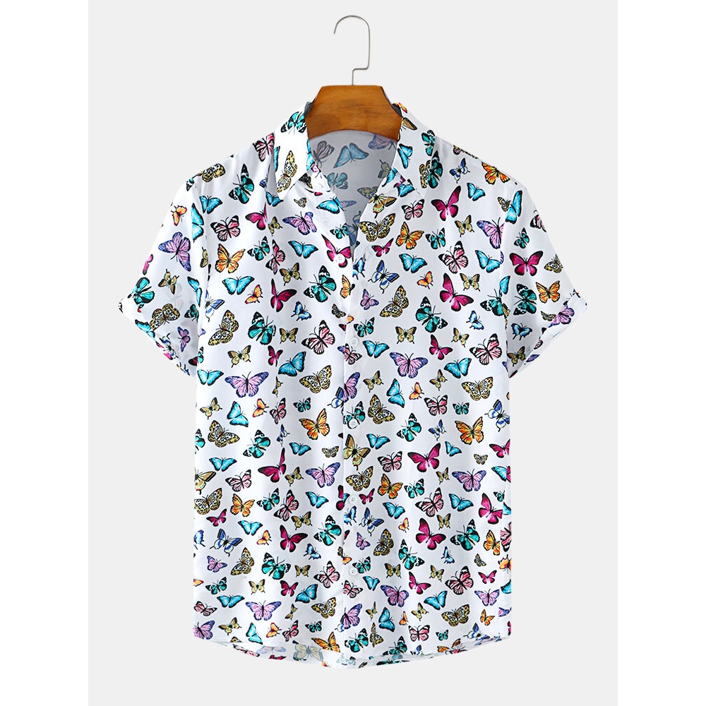 Multiple Butterfly Print Short Sleeve Lapel Collar Design Shirts For Men - White S