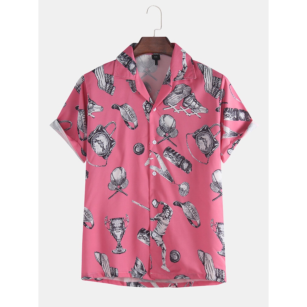 Mens New Fashion Pink Print Short SLeeve Shirts - L Pink