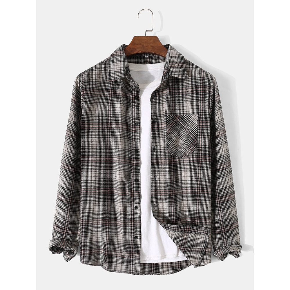 Men Cotton Plaid Lapel Chest Pocket Long Sleeve Casual Shirts - Brown M