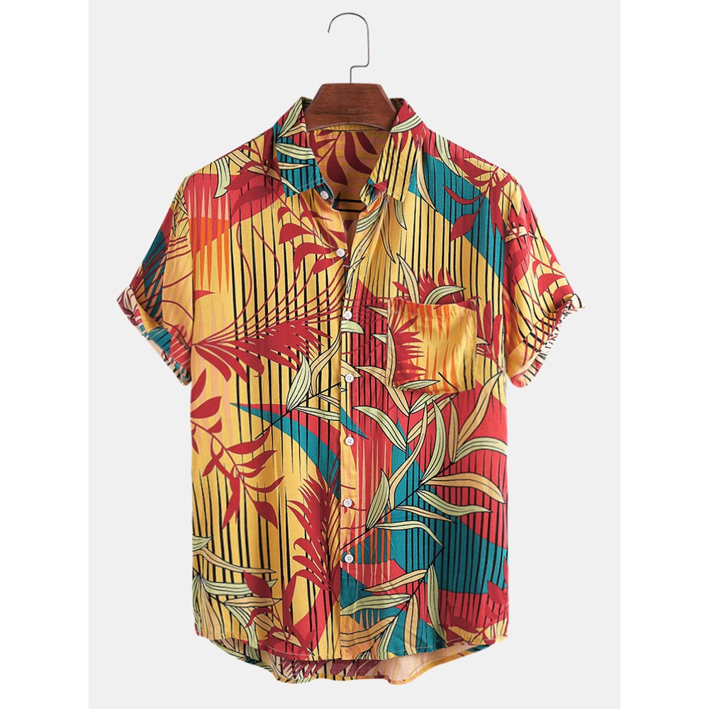 Mens Vertical Line Leaves Print Colorful Hawaii Holiday Short Sleeve Shirts - Green M