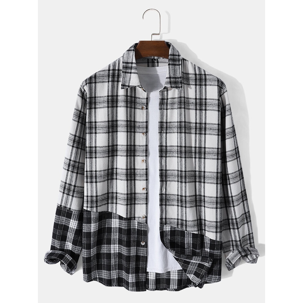 Men Plaid Patchwork Contrast Button Lapel Casual Shirts - Grey L