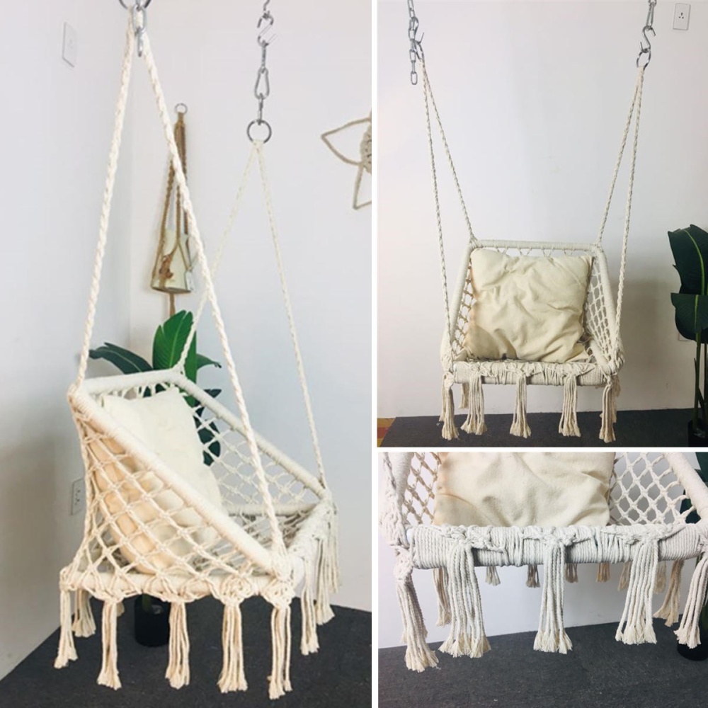 Macrame Hammock Chair Hanging Cotton Seat Rope Hammock Tassel Swing Bed Porch - Image 2