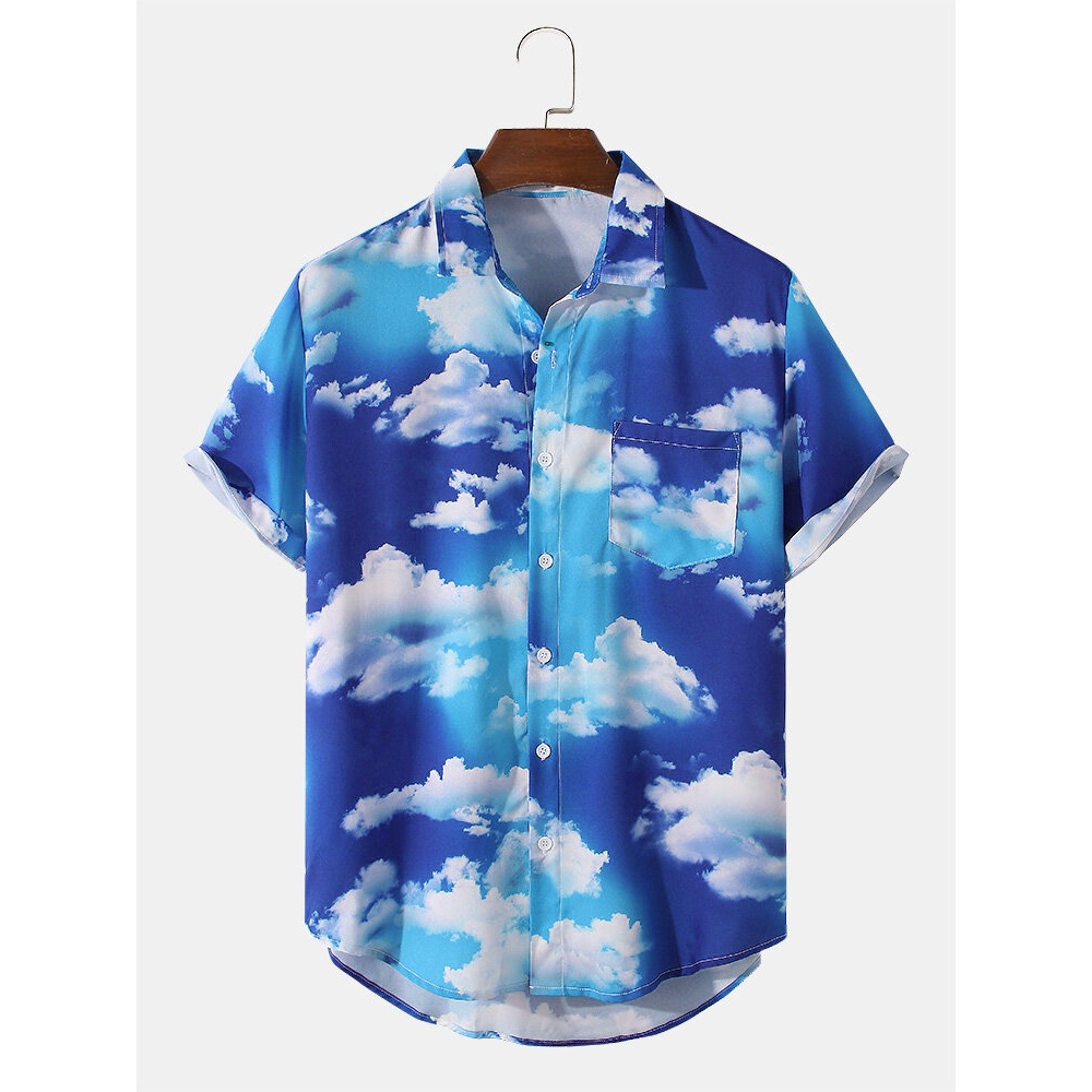 Mens Sky & White Clouds Print Lapel Short Sleeve Shirt - Blue 2XL