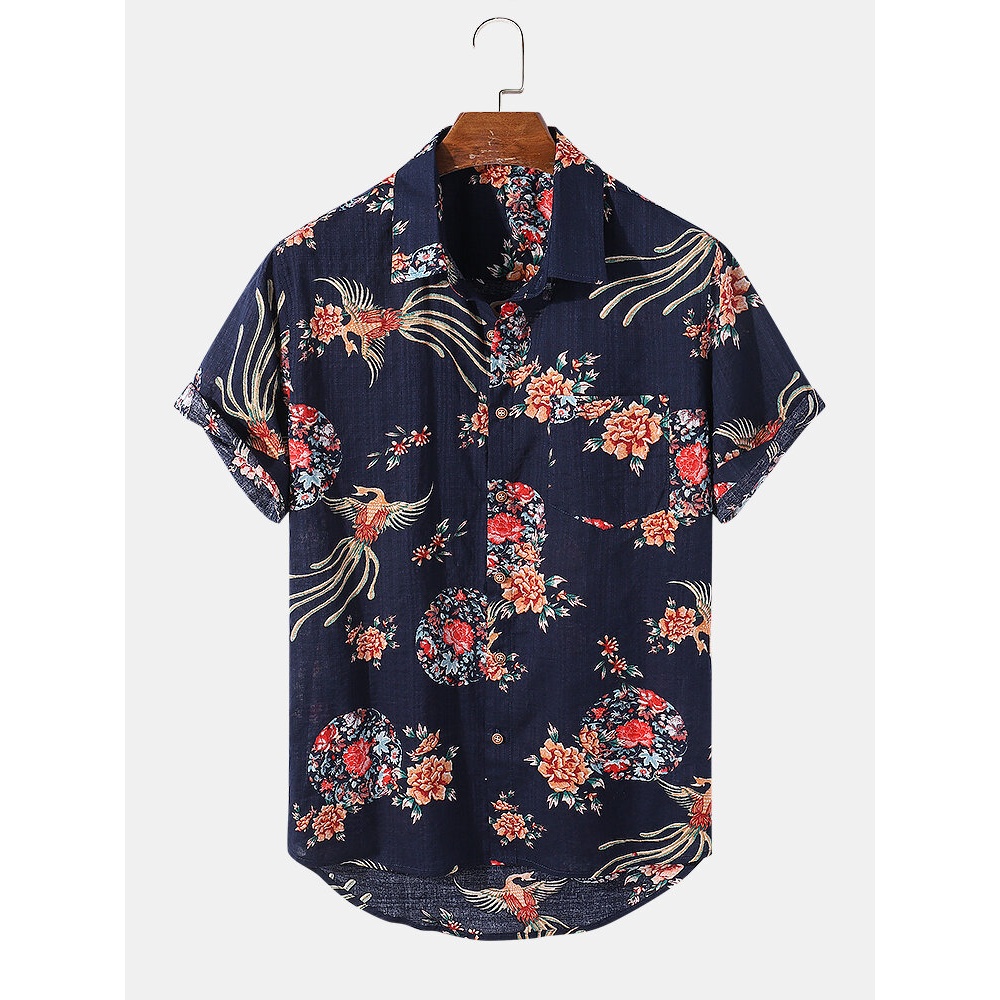 Mens 100%Cotton Vintage Flower Print Lapel Short Sleeve Shirt - Grey S