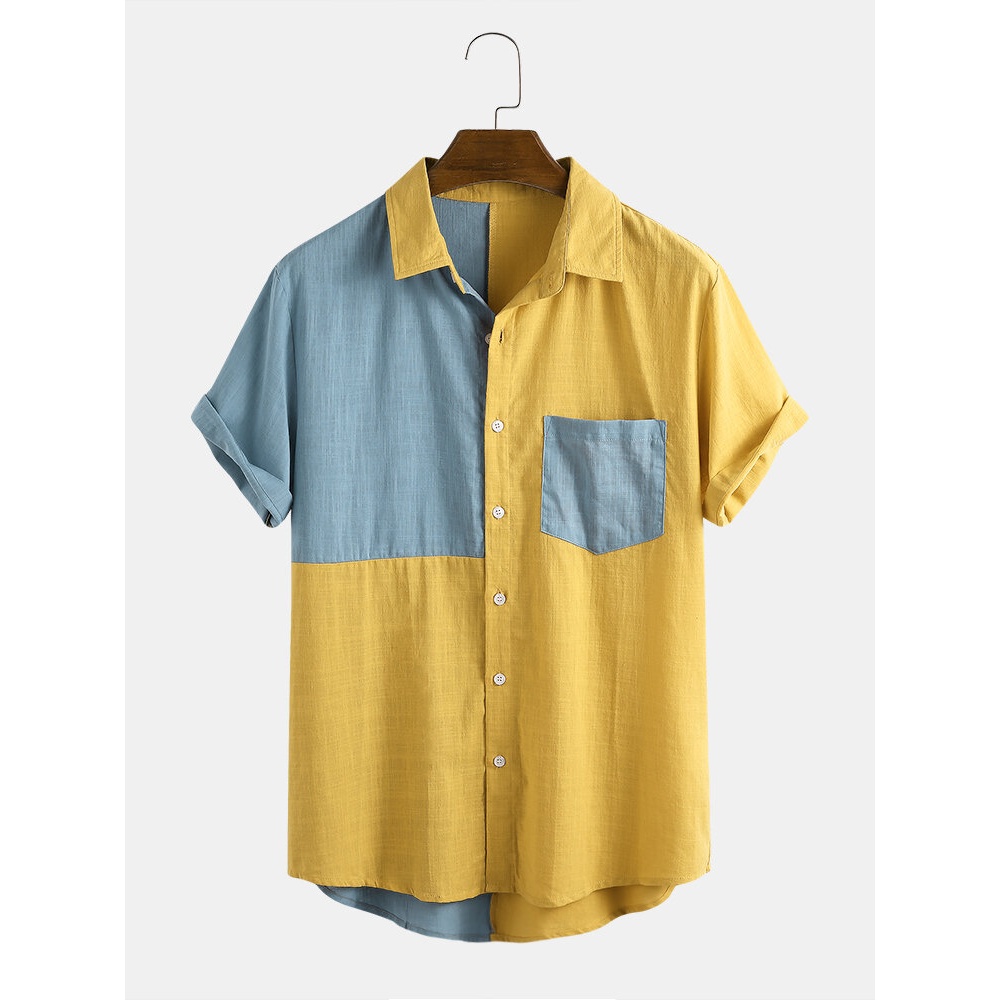 Mens Color Block 100% Cotton Pocket Breathable Casual Shirts - Yellow M