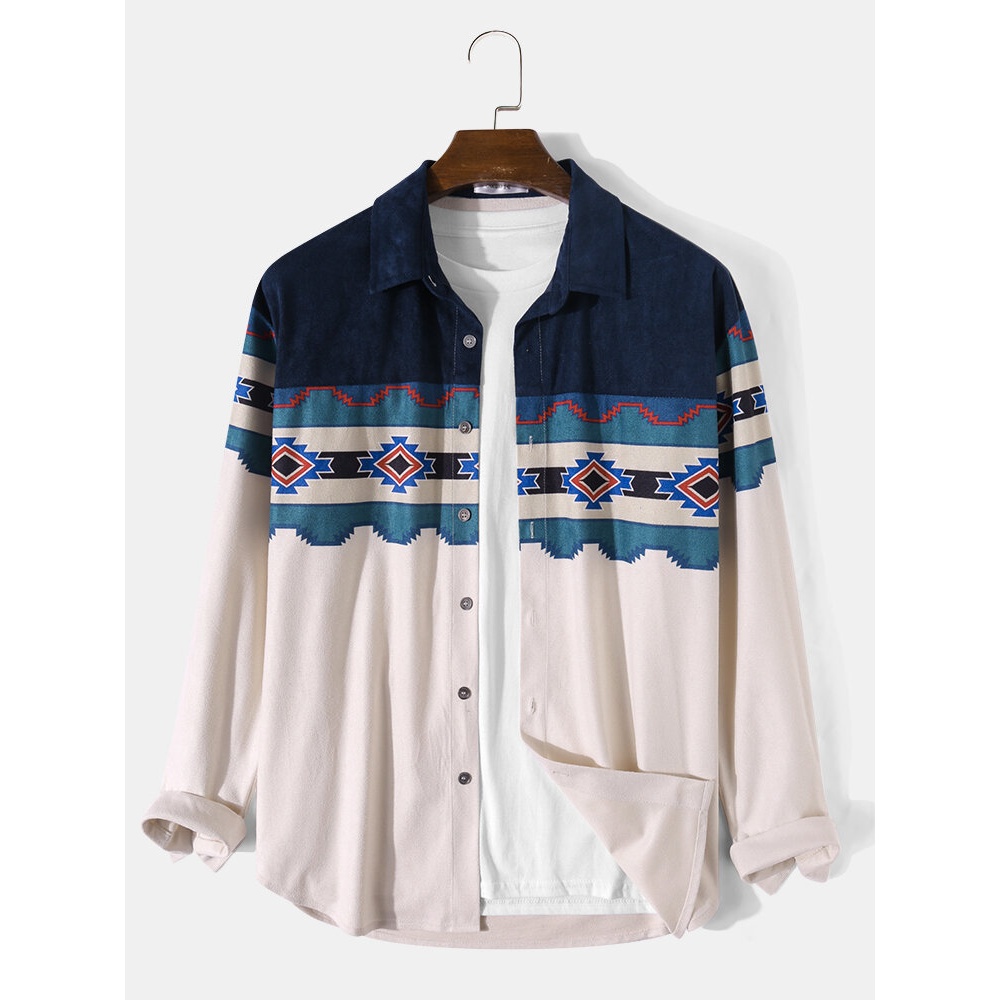 Men Contrast Geo Print Faux Suede Button Up Casual Long Sleeve Shirts - Beige L