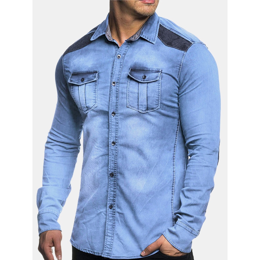 Mens Denim Suede Splice Contrast Color Chest Pocket Shirts - S Light Blue