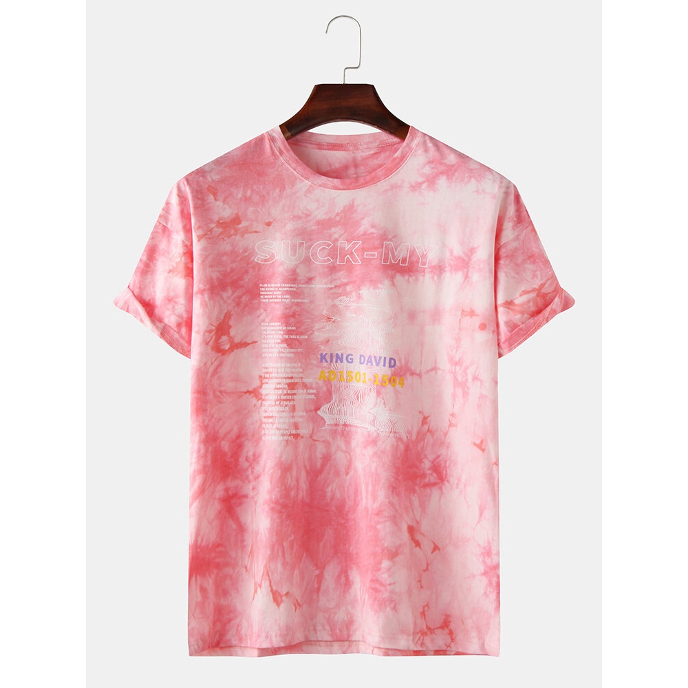 Men Cotton Fashion Gradient Color Letter Print Crew Neck Short Sleeve T-Shirts - Pink 2XL