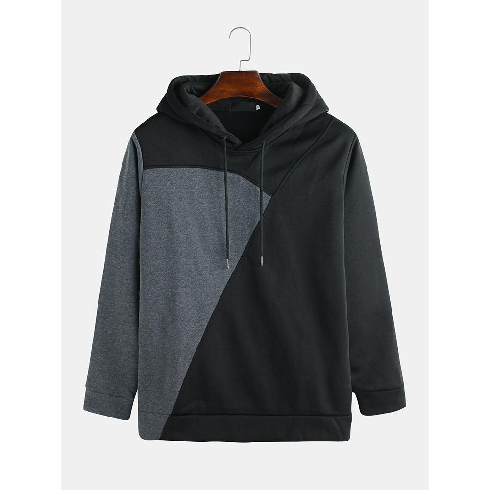 Mens Patchwork Color Long Sleeve Hooded Sweatshirt - S Red