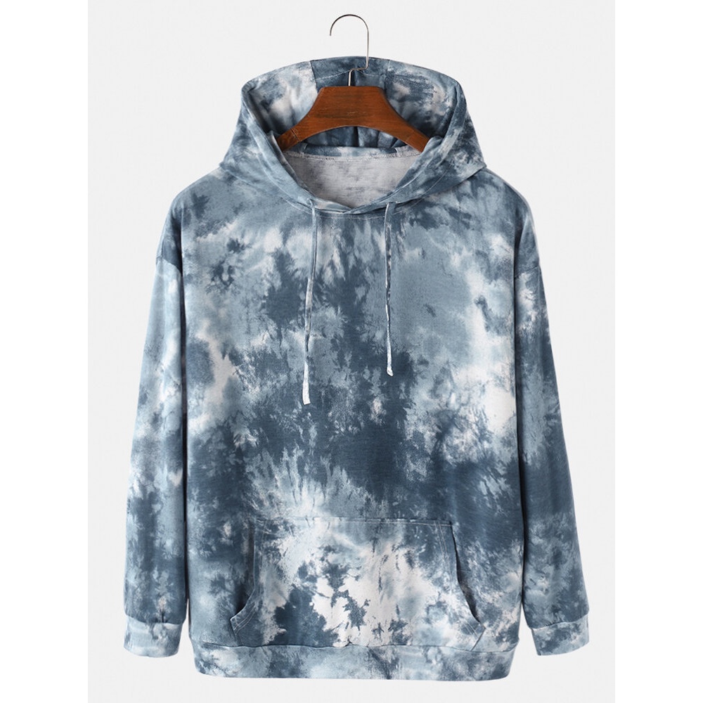 Mens Tie-Dye Print Fit Drawstring Hoodies With Kangaroo Pocket - Blue XL