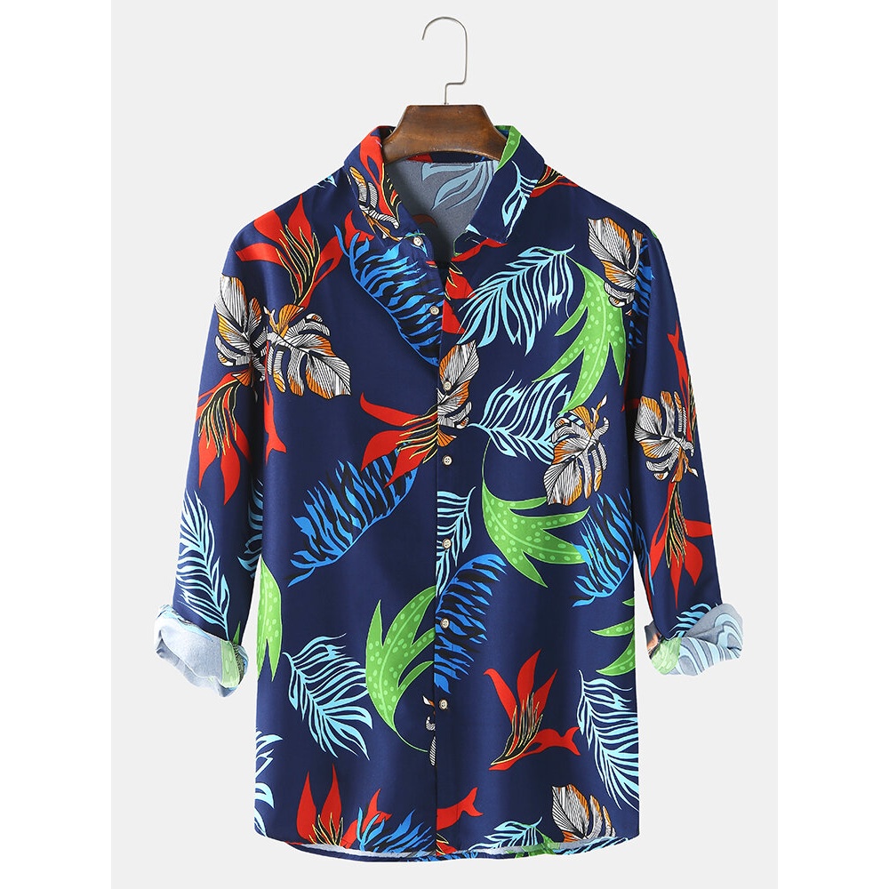 Mens Plant Leaves Print Lapel Collar Long Sleeve Casual Shirts - White L