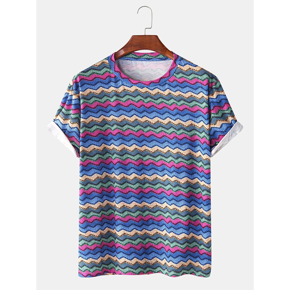 Mens Fashion Multi Colors Stripe Crew Neck Casual T-Shirts - Blue L