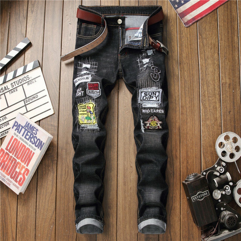 Jeans Men's New Europe And America Slim Straight Embroidery Badge Patch Pants Men's Knee Holes Trousers Men - 28 8616 black
