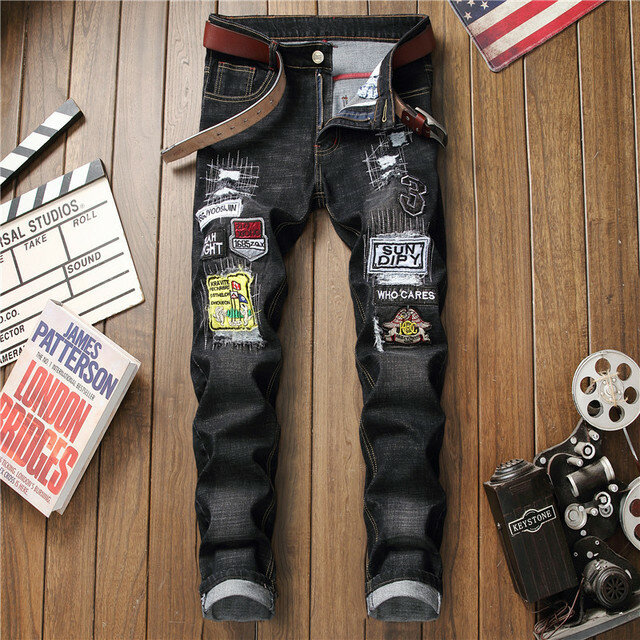 Jeans Men's New Europe And America Slim Straight Embroidery Badge Patch Pants Men's Knee Holes Trousers Men - 28 8616 black