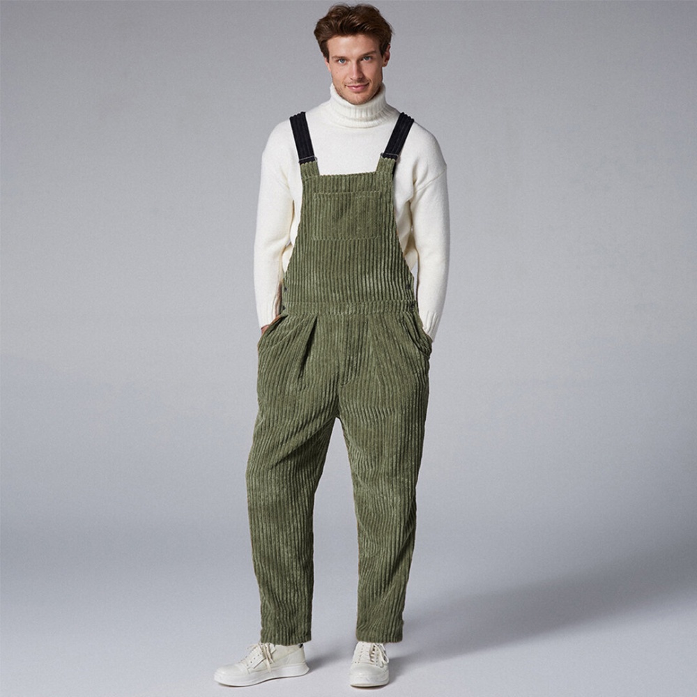 Mens Retro Corduroy Thick Pants Loose Comfy Overalls - L Black - Image 2