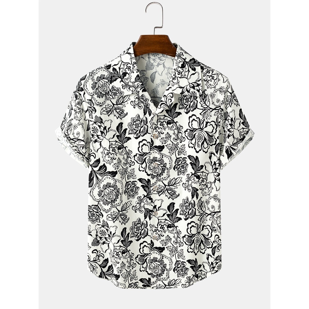 Mens Cotton Vintage Floral Print Short Sleeve Lapel Collar Casual Shirts - Black XL