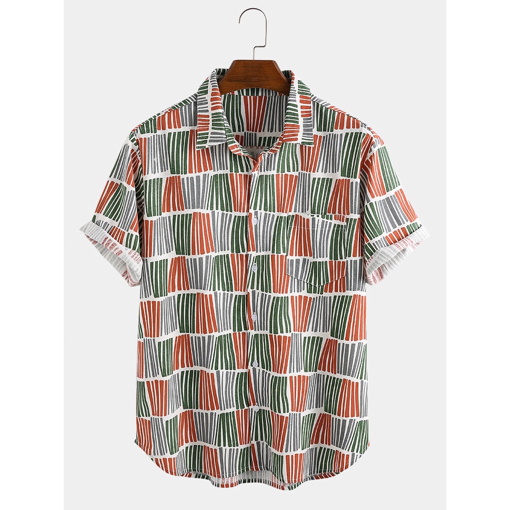 Mens Ethnic Style Stripe Plaid Design Breathable Short Sleeve Casual Shirts - L Yellow