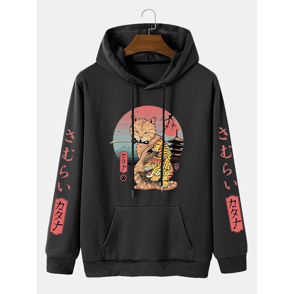 Men Cartoon Printed Japanese Style Kangaroo Pocket Letter Hooded Sweatshirt - Black S