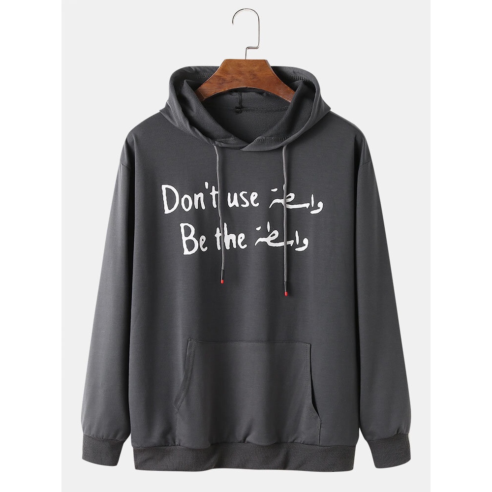 Mens Letter Slogan Print 100% Cotton Drawstring Overhead Hoodies - Light Grey M