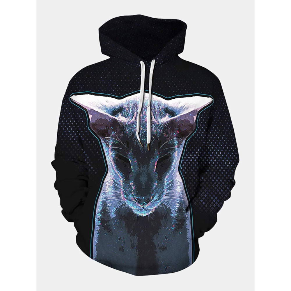 Mens 3D Animal Ombre Print Loose Kangaroo Pocket Drawstring Hoodies - Black S