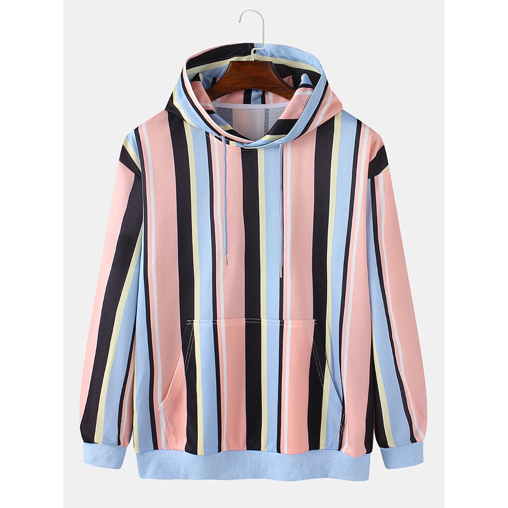 Mens Colorful Stripe Print Kangaroo Pocket Long Sleeve Drawstring Hoodies - Light Blue S