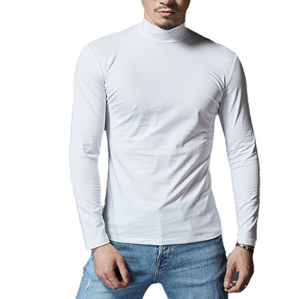 Autumn Men's Casual Stand Collar Cotton T-shirt Pure Color Thin Long Sleeve Tops Tees - XL White - Image 2